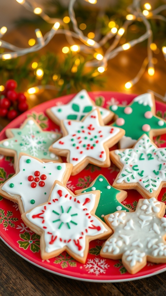 Decorated Christmas sugar cookies in festive shapes on a holiday-themed plate with fairy lights.